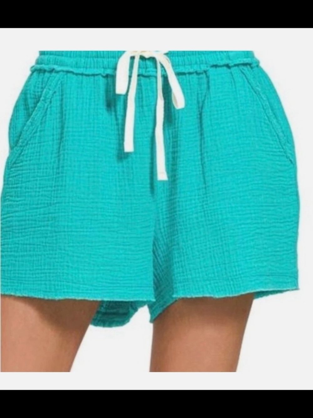 Zenana Women's Light Teal Double Gauze Cotton Shorts w/Drawstring Sz S,M,L New